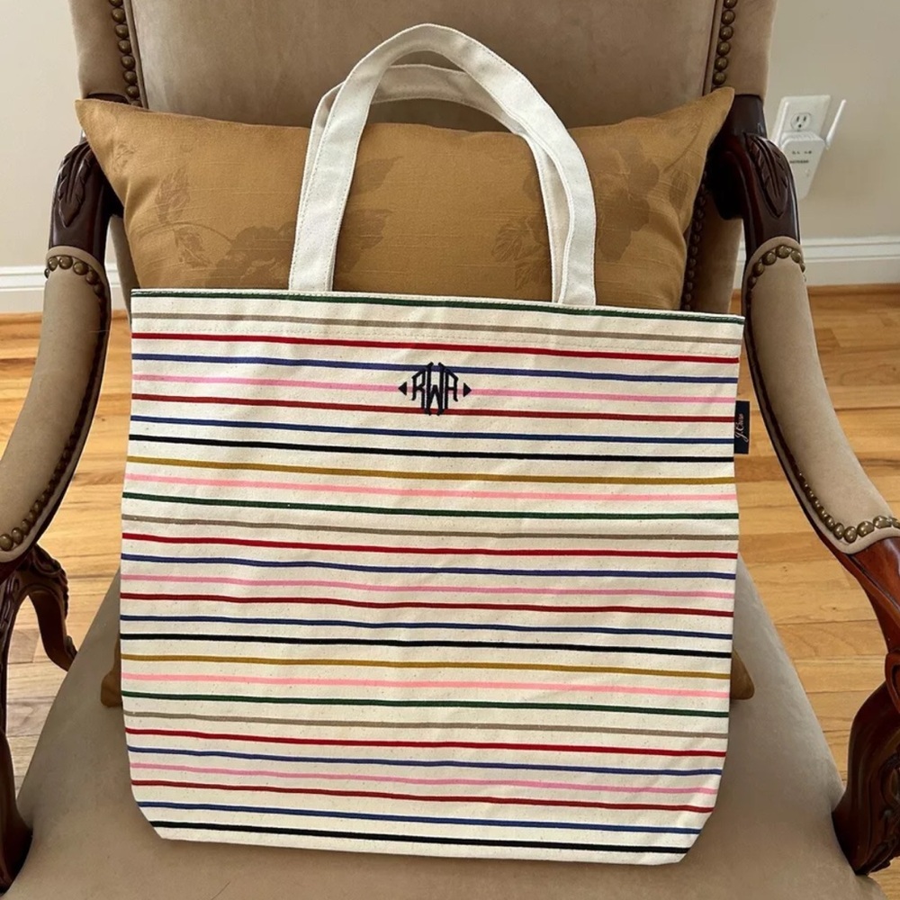 J. Crew Beige Cream Multicolor Striped Large Canvas Tote